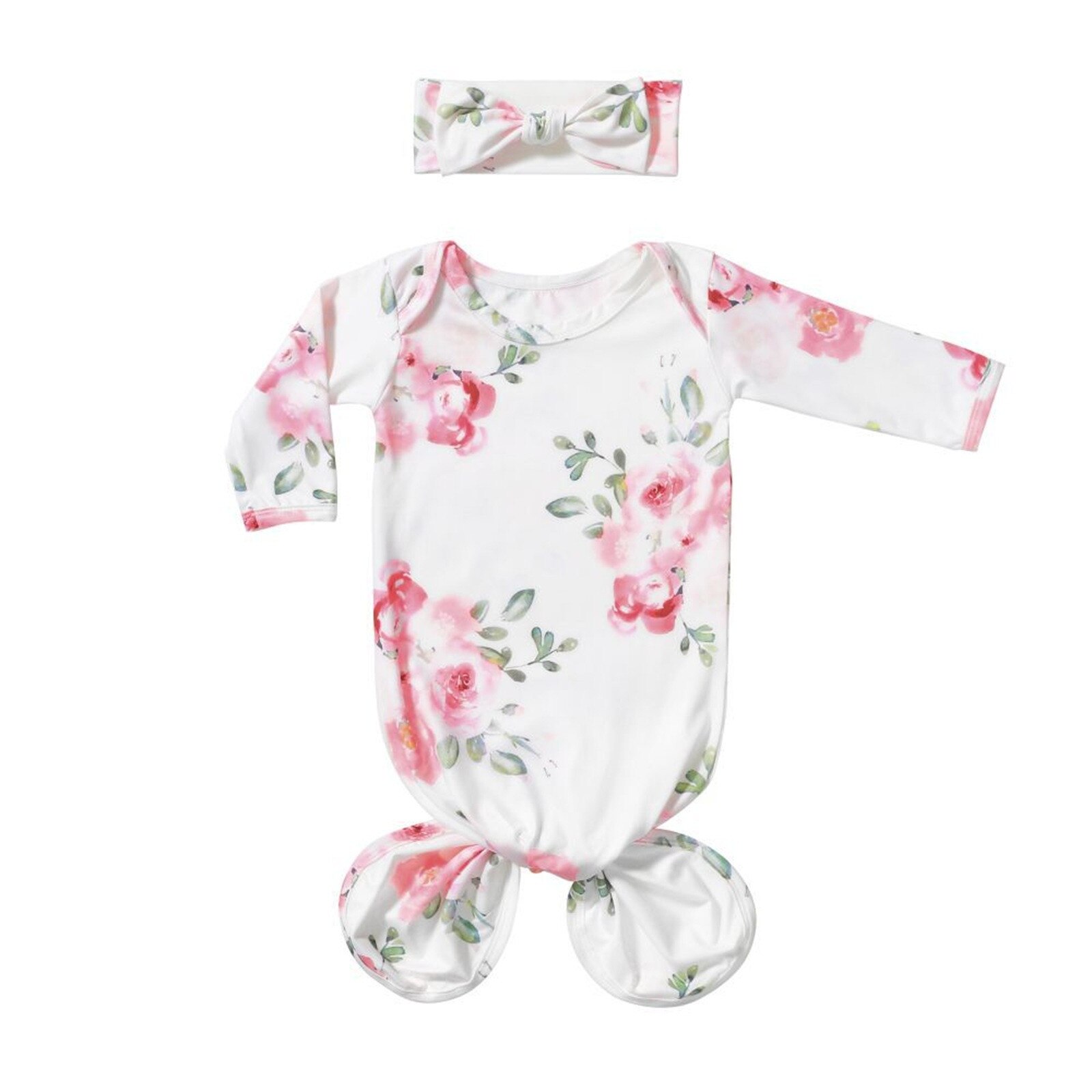 Baby Infant Coming Home Outfit Knotted Sleep Gown Sleepwear Baby Knot Floral Long Sleeve Sleeping Receiving Blankets
